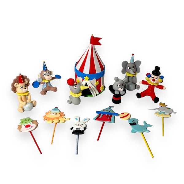 Circus Animals and Clown Set - Party decoration circus theme -  3D Figurines & cupcake toppers