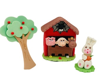 Farm set cake toppers - Centerpieces for birthday parties - Party deco favors - Rabbit, tree and barn with animals