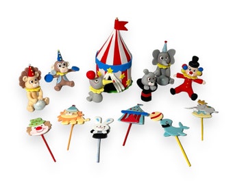 Zirkustiere und Clown Set - Party Dekoration Zirkus Thema - 3D Figuren & Cupcake Topper