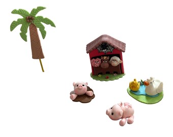 Farm animals cake toppers Set with palm tree - Centerpieces for birthday & baby Shower parties - Party deco favors