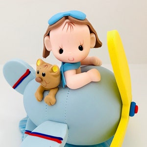 Airplane with Baby Pilot and Cat Cake Topper, Baby Shower and Birthday party centerpieces decoration, party favor, boys, babies, blue plane