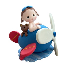 Airplane Cake Topper with Baby Pilot, Cold Ceramic Centerpiece for Baby Shower, Baptism, or Blessing Party, Travel theme party