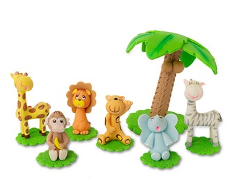 Handmade Jungle Animal Cake Topper Set: Safari Party Decorations, Wild One Theme