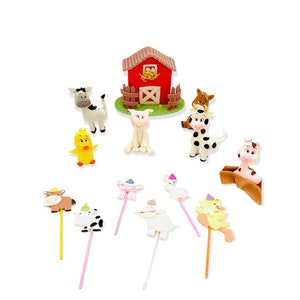 Farm animal cake toppers Set - Cupcake toppers with hats - Centerpieces for birthday & baby Shower parties - Party deco favors - For babies