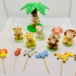 Jungle Set Cake Topper Decorations for Baby Showers, Birthdays, Safari theme, with palm and cupcake toppers