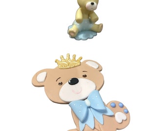 Teddy Bear Cake Topper Set: Hand-Painted Ceramic Baby Shower Decor