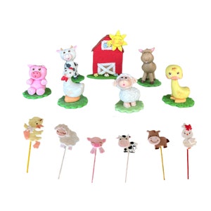 Farm animal cake toppers Set - Centerpieces for birthday & baby Shower parties - Party deco favors - sheep pig cow rooster horse duck barn