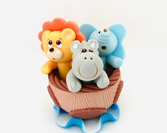 Noah's Ark Cake Topper Decorations, Hippo, lion and elephant in boat, Party decorations for baby showers and birthday parties, for babies