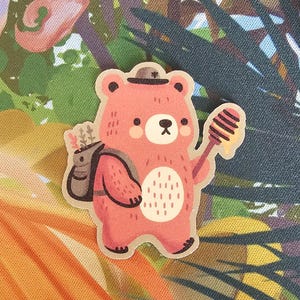 Oscar the honey bear matte sparkle sticker - cottagecore sticker - forestcore sticker - cozy sticker