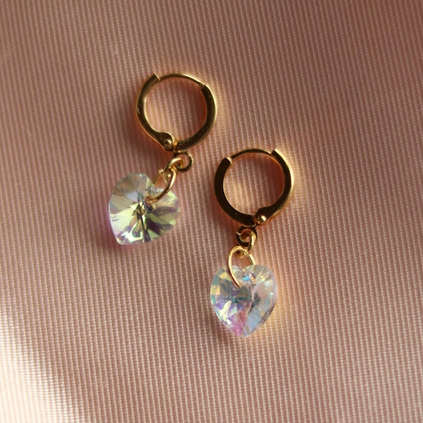 Crystal Multi-Faceted Heart Huggie Hoop Earrings