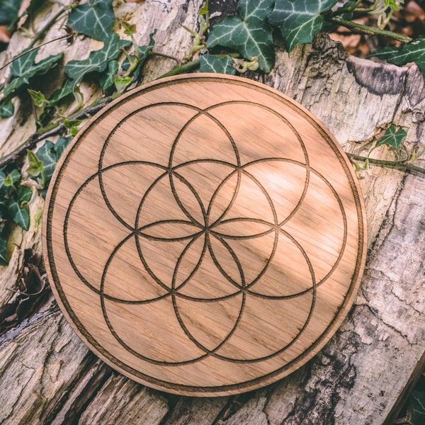 Small to medium Crystal grid board Seed of life sacred geometry ornament candle holder altar laser cut engraved oak veneer 4-6 inches