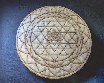 Sri Yantra crystal grid board black stained poplar or English oak veneer laser cut engraved small to medium 4-6 inches ec