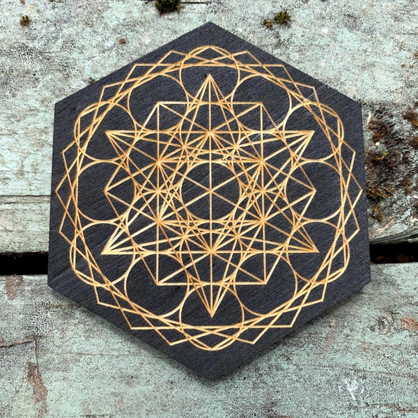 Large Metatron's cube expansion hexagon crystal grid board, black stained poplar, altar, ornament, laser cut engraved, homeware 8-14 inches