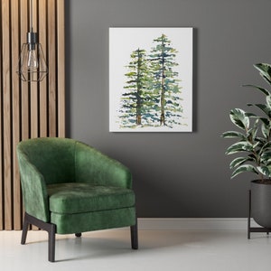 Twin Pines Printed on Canvas Gallery Wraps | Evergreen Trees Watercolor Art Print | Botanical Wall Decor | Indoor Wall Art Decor Green Blue