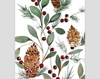 Holiday Berry Cones Blank Greeting Cards | Botanical Watercolor Print | Red Green Brown | 4.25x5.5 Inch Portrait Fold | Christmas