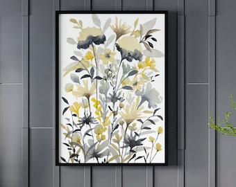 Indigo & Honeycomb Botanical Fine Art Print | Vertical Wall Decor Posters | Navy Blue Yellow Gray White | Textured Watercolor Paper