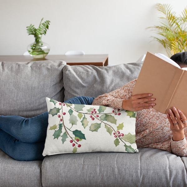 Holly Berries Throw Pillows, Christmas Cushions, Holiday Decor In Red, Green, White