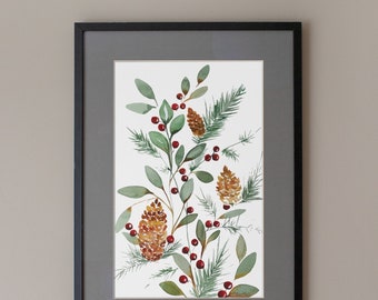 May include: Framed watercolor painting of a winter botanical arrangement with pine branches, green leaves, and red berries. The painting features brown pine cones and is set against a white background.