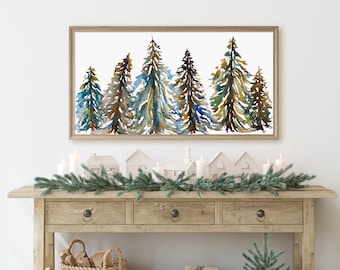 Evergreen Carols Dark Textured Watercolor Paper Fine Art Print | Pine Tree Posters | Holiday Wall Decor | Brown Green Blue White