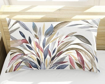 Modern Leaves II Bed Pillow Sham | King and Standard Sizes | Cotton Sateen & Silk | Envelope Style with White Back | Blue Gray Red