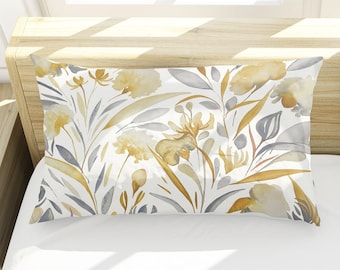 Yellow and Gray Floral Pattern Bed Pillow Sham | King and Standard Sizes | Cotton Sateen & Silk | Envelope Style with White Back