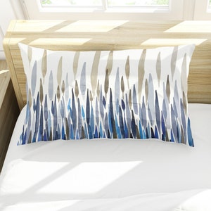 Modern Leaves III Bed Pillow Sham | King and Standard Sizes | Cotton Sateen and Silk | Envelope Style with White Back | Blue Beige Off White