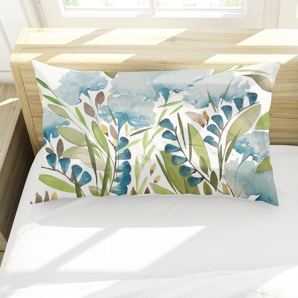 Teal and Sage Floral Pattern Bed Pillow Sham | King or Standard Sizes | Cotton Sateen & Silk | Envelope Style with White Back | Yellow Beige