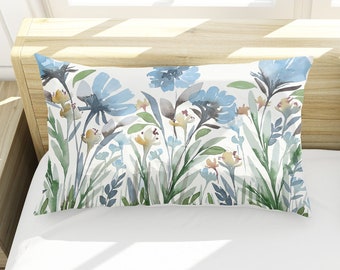 Garden Falls Bed Pillow Sham | King and Standard Sizes | Cotton Sateen & Silk |Envelope Style, White Back | Blue Gray Green Yellow Red Beige