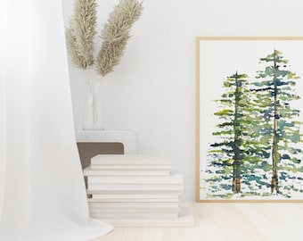 Watercolor Evergreen Trees Poster Prints, Fine Art Textured Watercolor Matte Paper, Pine, Fir, Spruce Trees