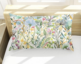 Wildflower Mix Bed Pillow Sham | King or Standard Size | Cotton Sateen or Silk | Off White Background | Spring Floral Botanical Bedding