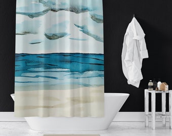 Calm Seas on Shower Curtains | Summer Beach Watercolor Print Shower Curtains | Bathroom Refresh Gifts | 71x74 in