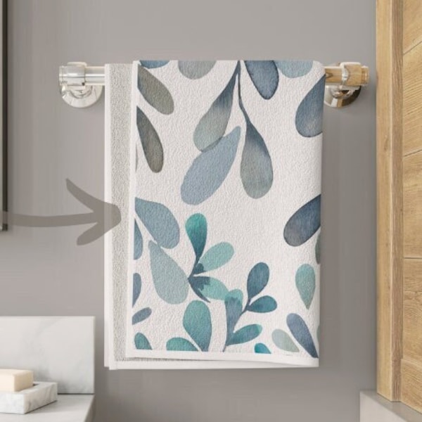 Sky Blue, Indigo, Gray, White Foliage Hand Towels, Guest Towels, 11x18 And 15x25 Inches, Modern Watercolor Leaves Print