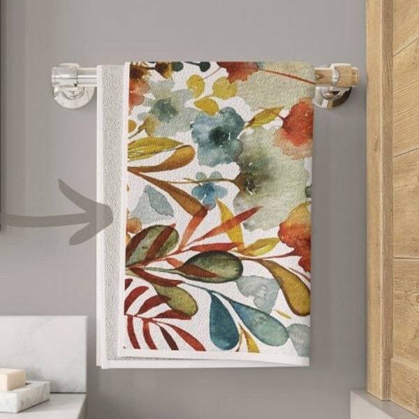 Fall Flora II On Hand Towels | 11x18 And 15x25 Inches | Autumn Cottagecore Soft Guest Towels | Rust Orange Yellow Blue Green Red White