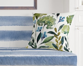Hydrangea Floral Pattern Throw Pillow Cover | Spun Polyester Square Pillow Case | 4 Sizes: 14x14, 16x16, 18x18, 20x20 inches | Blue Green