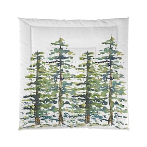 Pine Trees Watercolor Print on Comforter | Botanical Bedding in Green, Blue, Brown, Yellow, White | Evergreen Woods Holidays Alpine 88" × 88"