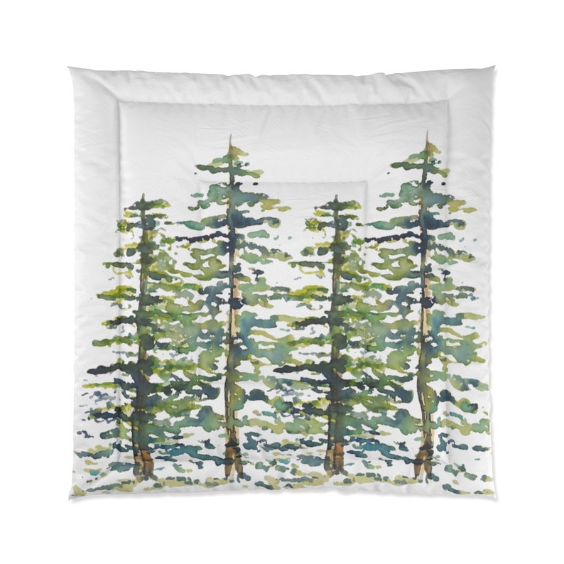 Pine Trees Watercolor Print on Comforter | Botanical Bedding in Green, Blue, Brown, Yellow, White | Evergreen Woods Holidays Alpine 88" × 88"