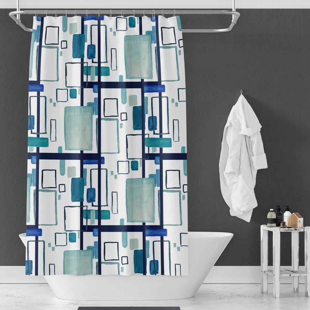 Mod Rectangles Shower Curtains Blue Teal Gray Black White Mid Century