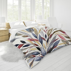 Modern Leaves II Duvet Cover | King, Queen, Full, Twin | Cotton Sateen, White Backing, Hidden Zipper | Navy Blue, Red, Gray, White Botanical