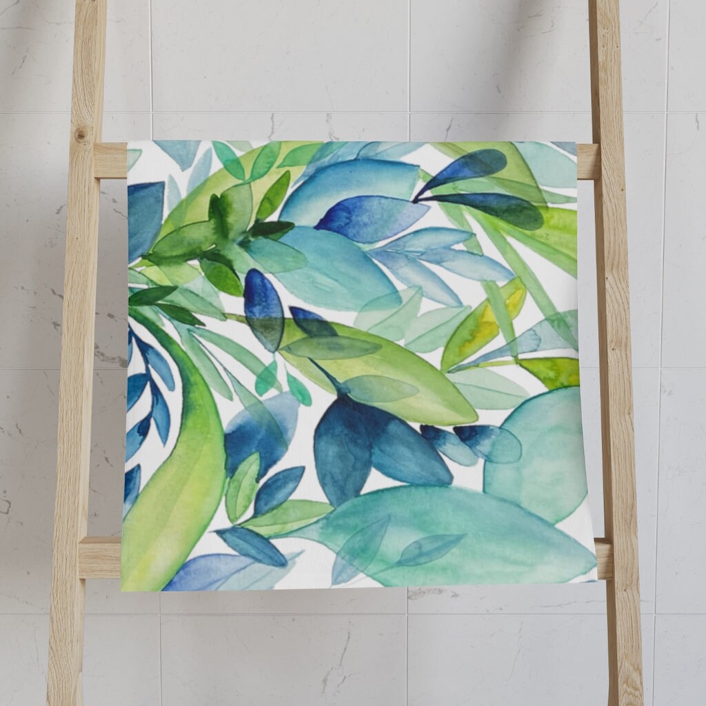 Blue Green Leaves Hand Towel | Watercolor Botanical Print in Indigo ...