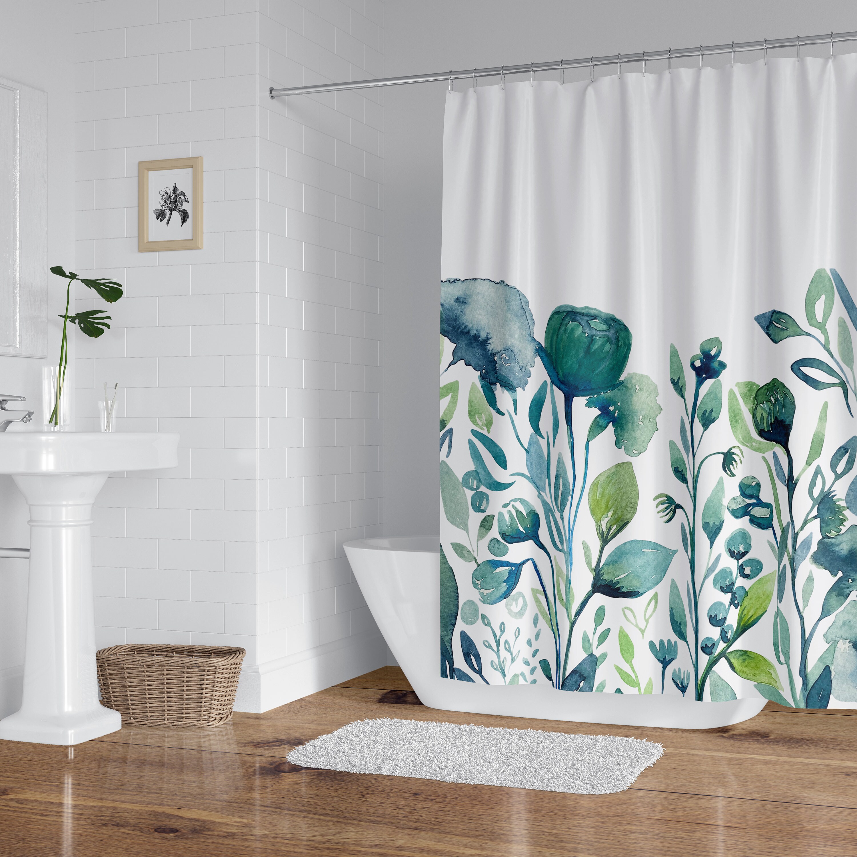 Blue Cream Floral Leaves Shower Curtain Pictorial Squares New 