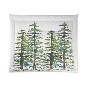 Pine Trees Watercolor Print on Comforter | Botanical Bedding in Green, Blue, Brown, Yellow, White | Evergreen Woods Holidays Alpine 104" × 88"