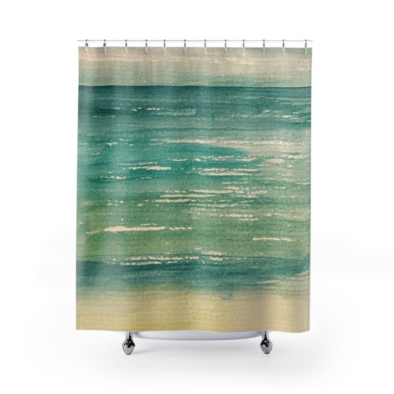 May include: A watercolor painting of a teal and green ocean with white waves. The painting is on a canvas and has a light brown background.