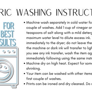 May include: A graphic illustration of a washing machine with the text "FOR BEST RESULTS" above it. The text below the image provides instructions for washing fabric items, including washing separately in cold water, adding vinegar and salt, and drying on high heat.