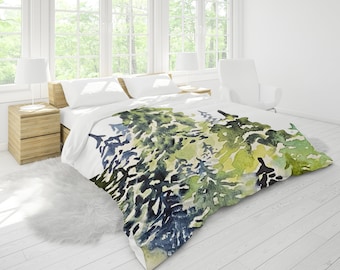 Alpine Slopes King Duvet Cover King, Queen, Full, Twin Standard Sizes | Evergreen Trees Watercolor Print on Cotton Sateen | Navy Blue Lime