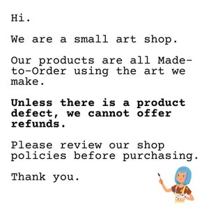 K&ouml;nnte beinhalten: Text auf wei&szlig;em Hintergrund: &bdquo;Hallo. Wir sind ein kleiner Kunstladen. Unsere Produkte werden alle auf Bestellung nach der von uns erstellten Kunst gefertigt. Au&szlig;er bei einem Produktfehler k&ouml;nnen wir keine R&uuml;ckerstattung anbieten. Bitte lesen Sie unsere Shop-Richtlinien vor dem Kauf durch. Vielen Dank.&ldquo; Illustration einer Person mit blauen Haaren, die einen Pinsel und eine Palette h&auml;lt.