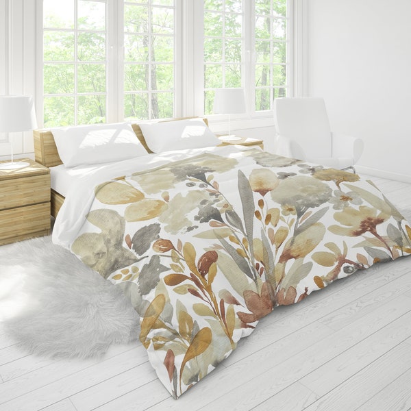 Autumn Flowers King Duvet Cover King, Queen, Full, Twin Standard Sizes | Floral Watercolor Print on Cotton Sateen | Beige Ivory Tan White