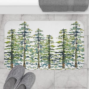 Pine Tree Forest | Microfiber Memory Foam Bath Mat | Botanical Watercolor Print on White | Decorative Bathroom Rug