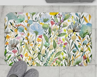 Wildflower Mix Bath Mat | Anti-Slip Microfiber Memory Foam Rug | Botanical Floral Watercolor Print | Bathroom Decor