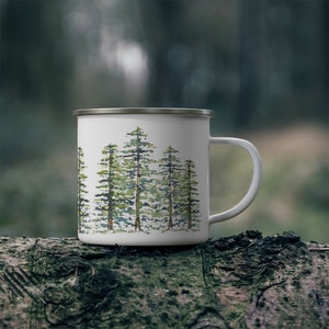 Pine Tree Forest Enamel Camping Mug | Watercolor Printed Coffee Mugs | 12 oz Stainless Steel | Gifts for Outdoors, Nature, Evergreens