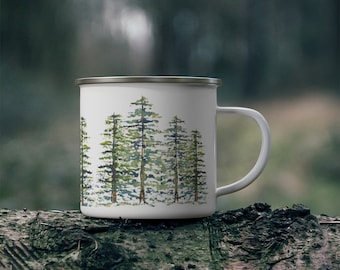 Pine Tree Forest Enamel Camping Mug | Watercolor Printed Coffee Mugs | 12 oz Stainless Steel | Gifts for Outdoors, Nature, Evergreens